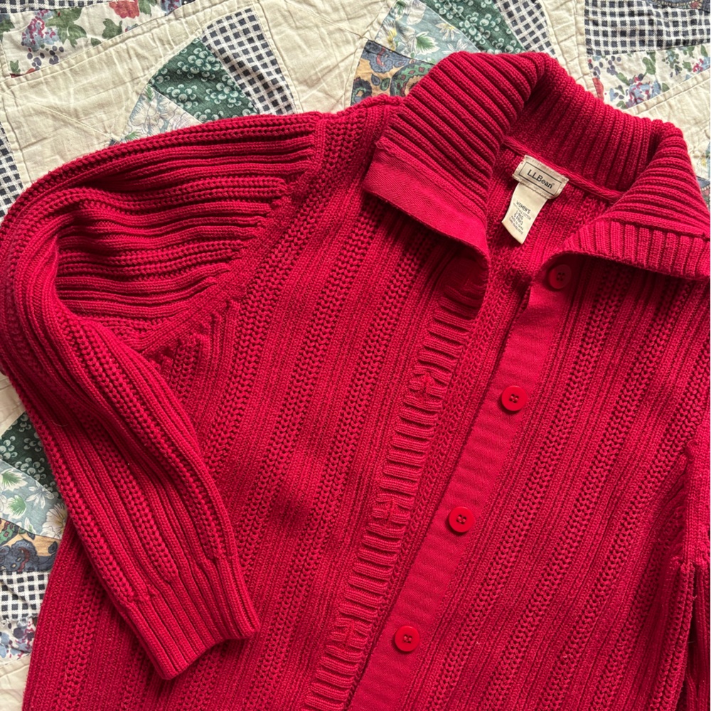 L.L. Bean Women’s Red Ribbed Button-Up Cardigan - Picture 2 of 3